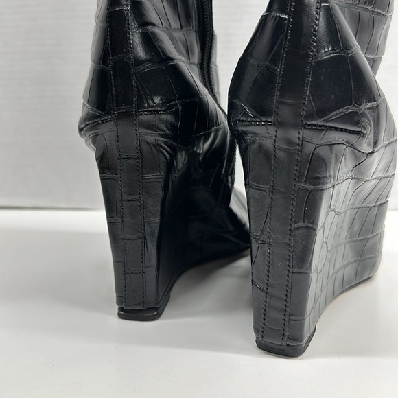 SCHUTZ  Asya Up Crocodile Embossed Leather Wedge High Heel Boot Boots Black 10 - Picture 7 of 10